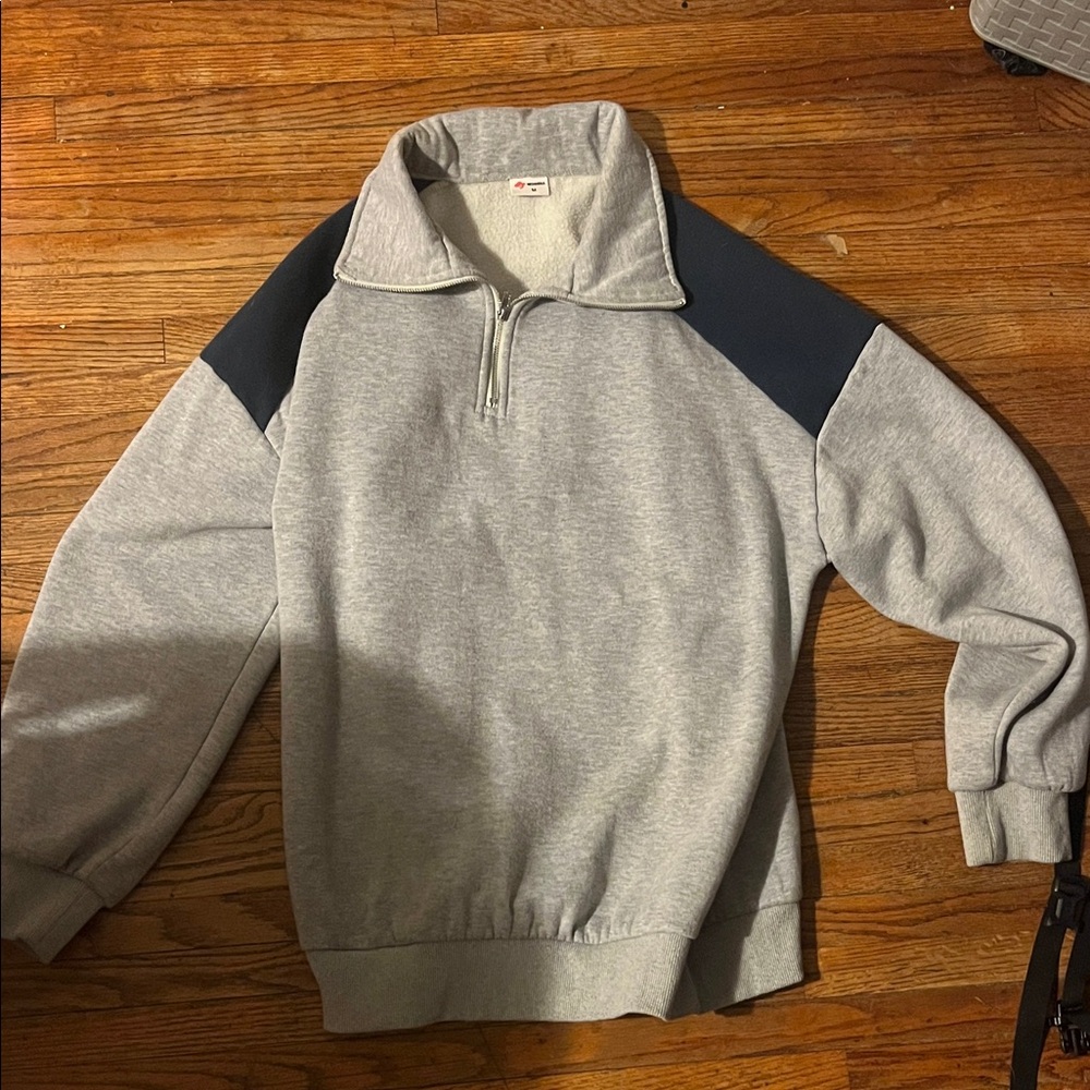 Women's Gray and Blue Quarter-Zip Sweater